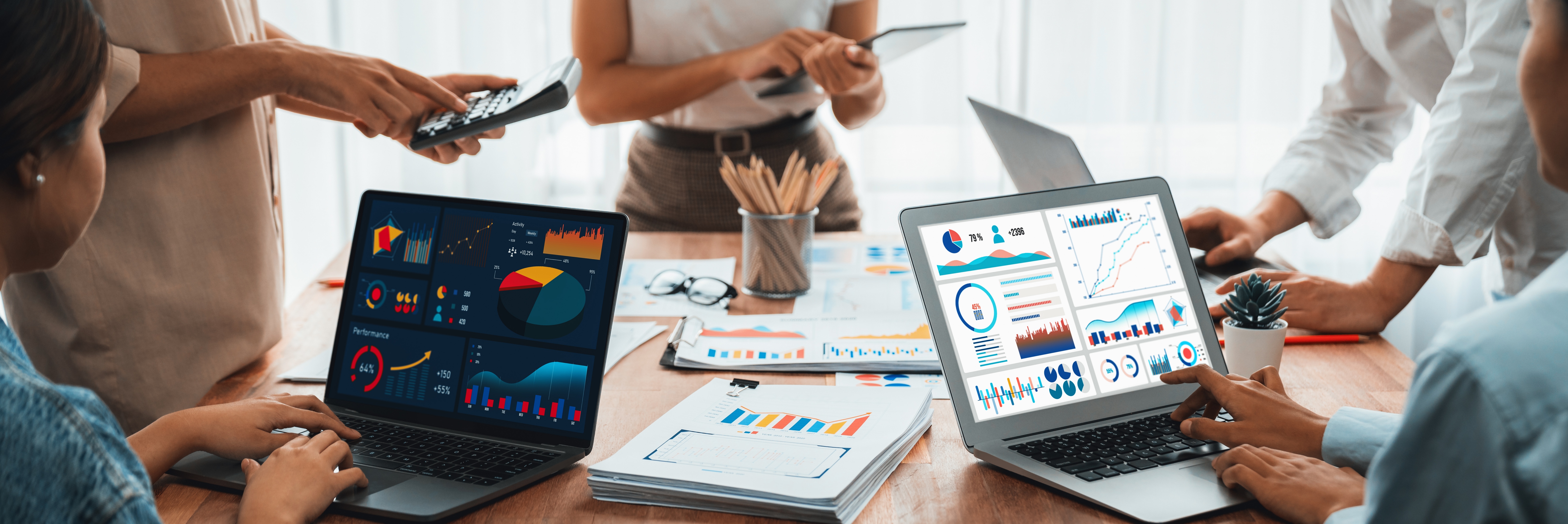 Analyst team utilizing BI Fintech to analyze financial report. Scrutinize