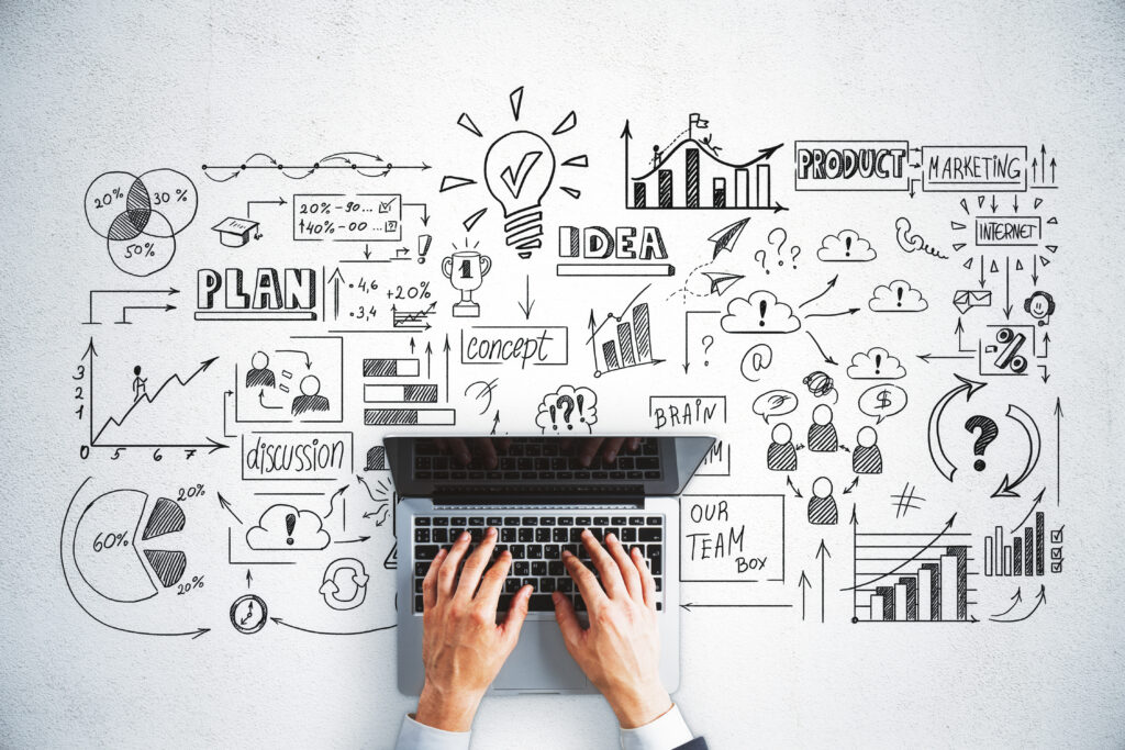 Top view hand using laptop and drawing global business interface